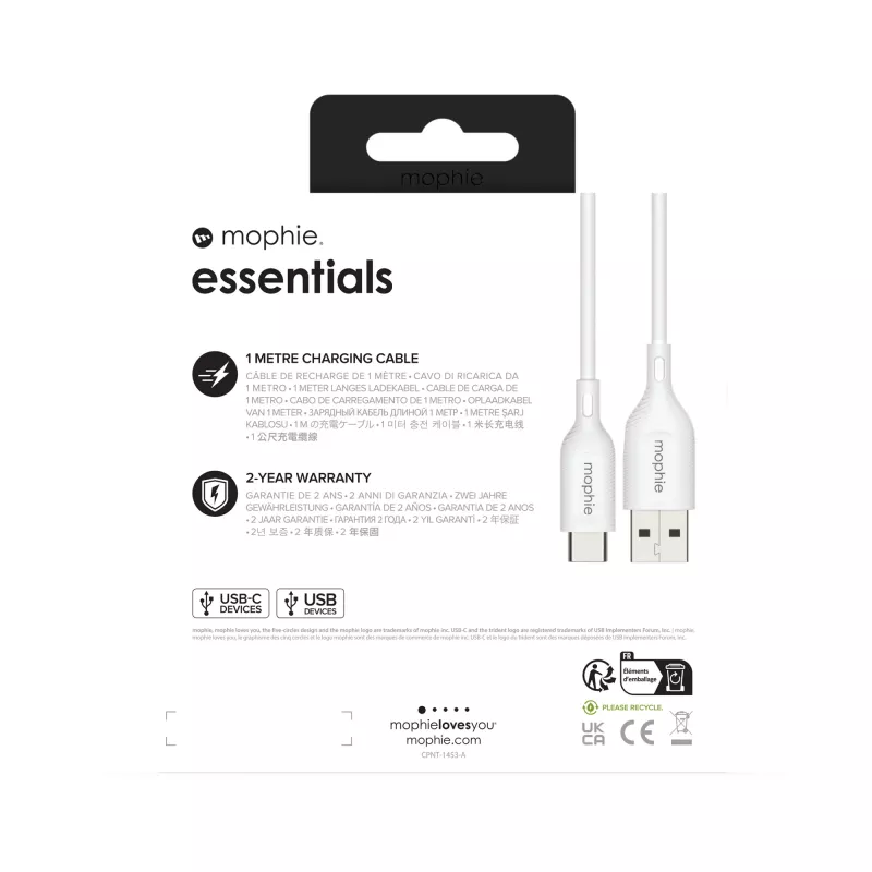 mophie essentials cavo di ricarica | 1M cavo USB USB 2.0 USB A USB C bianco