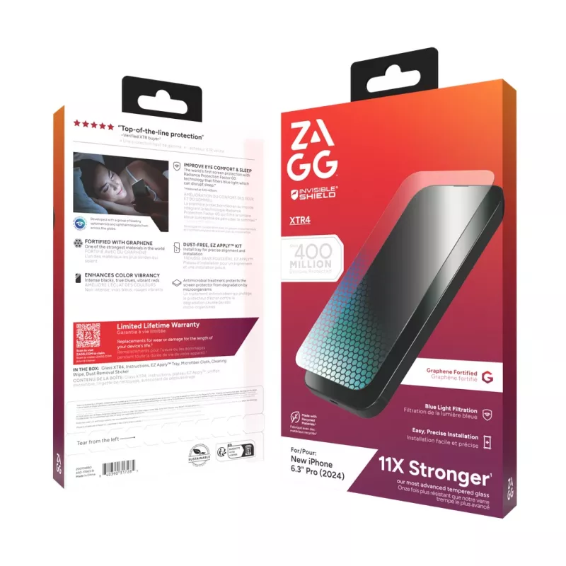 InvisibleShield Glass XTR4 Apple iPhone 16 Pro schermo, Apple, iPhone 16 Pro, antibatterico, protezione luce blu, resistente alla polvere, antigraffio, trasparente, 1 pezzo