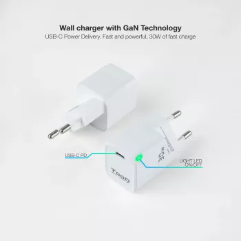 TooQ GAN USB-C/PD caricatore da parete 30W, bianco, interno, AC, bianco