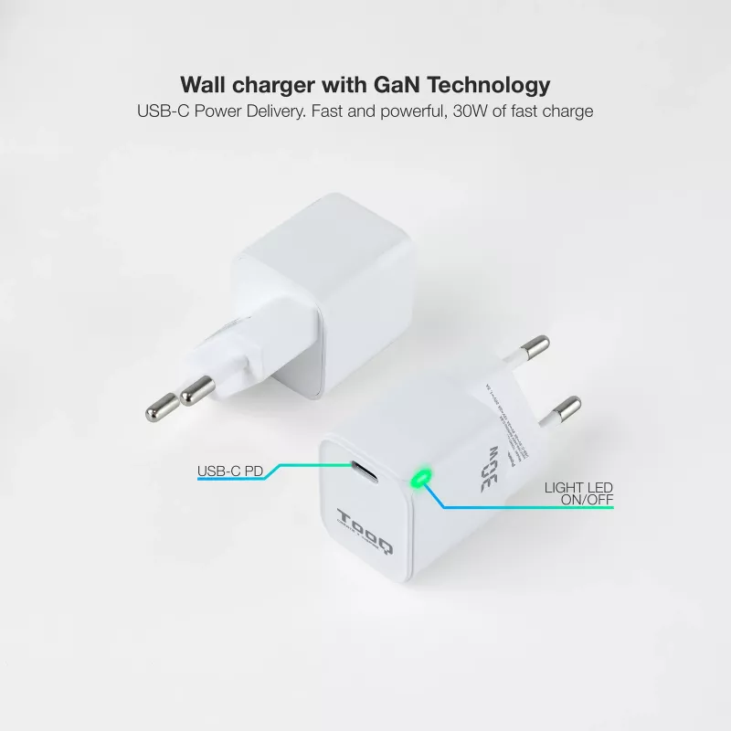 TooQ GAN USB-C/PD caricatore da parete 30W, bianco, interno, AC, bianco