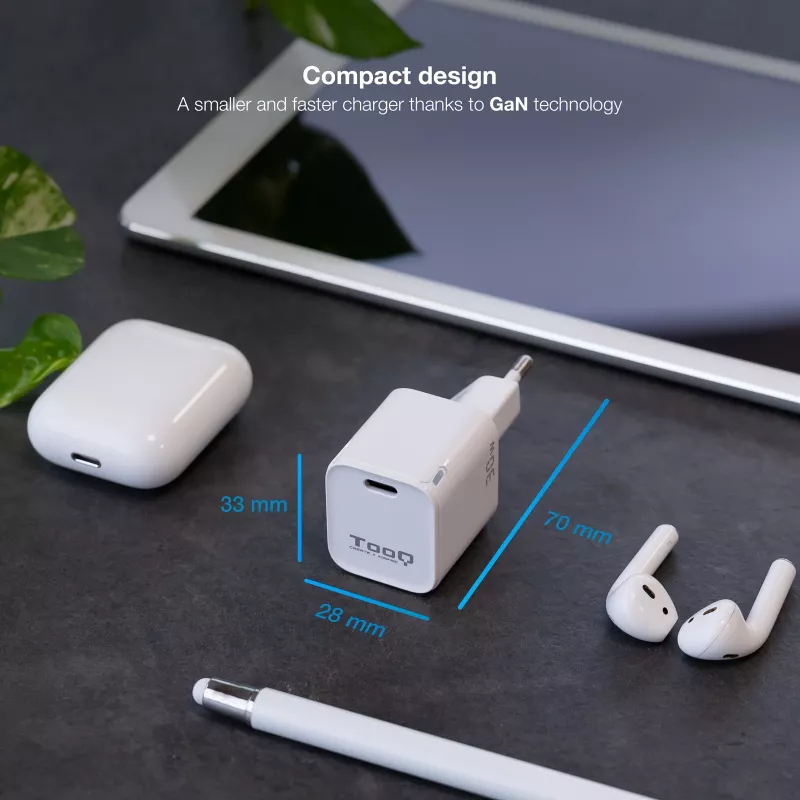 TooQ GAN USB-C/PD caricatore da parete 30W, bianco, interno, AC, bianco