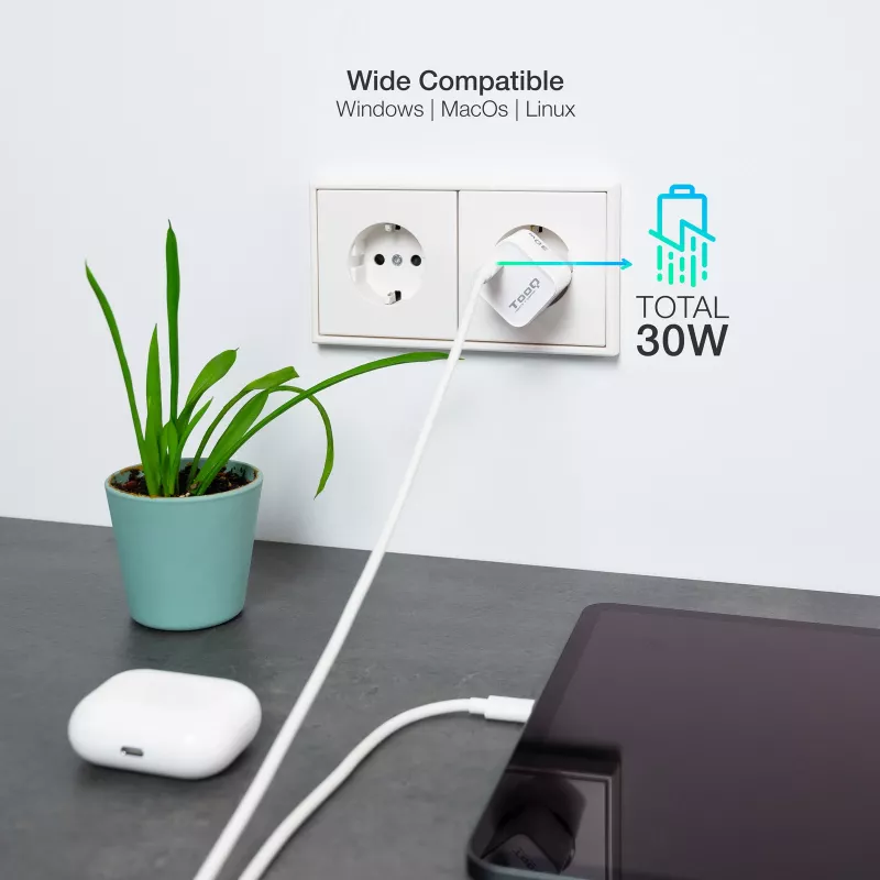 TooQ GAN USB-C/PD caricatore da parete 30W, bianco, interno, AC, bianco