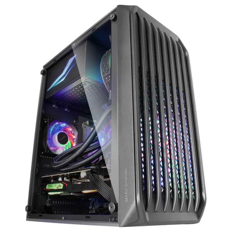 Mars Gaming MC-S2 Case per PC Gaming Micro-ATX compatto nero 2 ventole FRGB arcobaleno con griglia frontale e finestra laterale continua