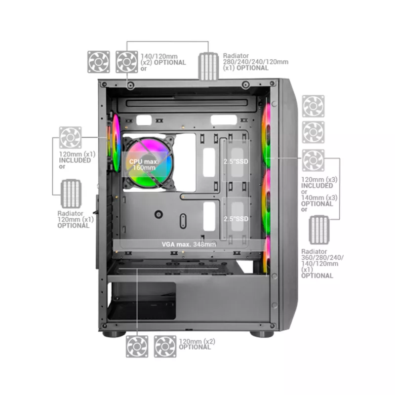Mars Gaming MC-KX Tower Gaming Premium E-ATX nero sistema CPU FREEZER 5 ventole ARGB ultraleggere controller ARGB e controller RF frontale mesh