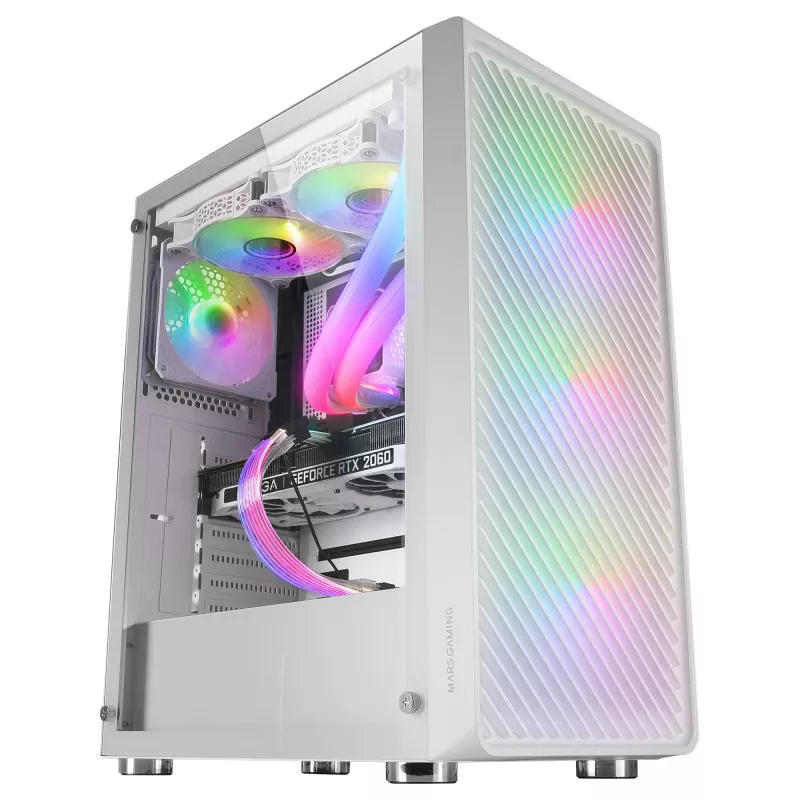 Mars Gaming MC-F White, semitorre da gaming ATX, finestra in vetro temperato, frontale in mesh metallica, 4 ventole ARGB da 120 mm