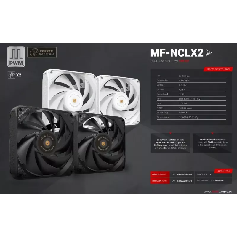 Mars Gaming MF-NCLX2W Ventola per case computer 12 cm bianca 2 pz.