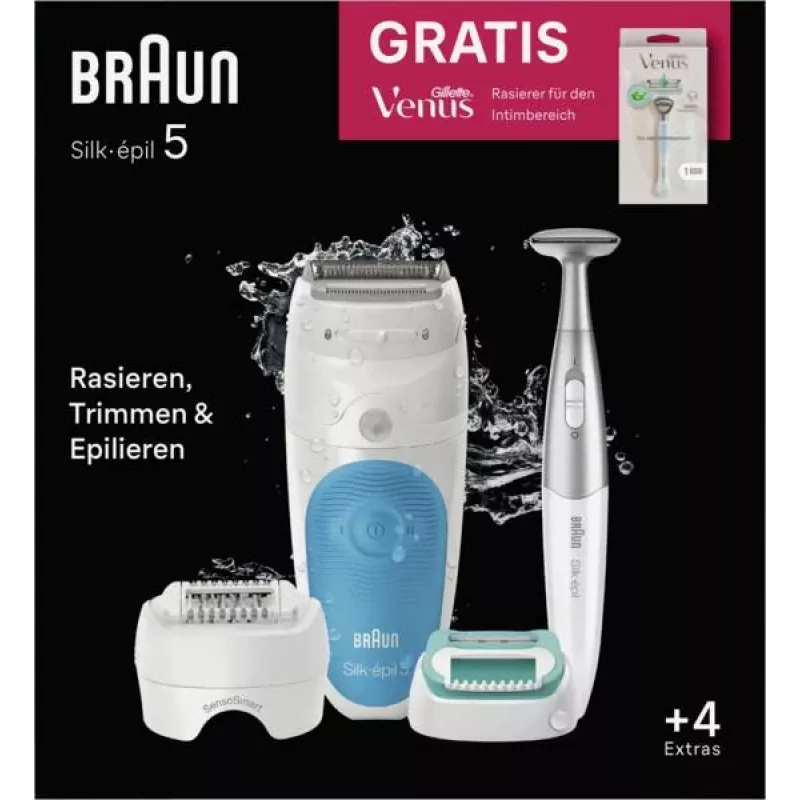 Braun Silk-épil 5 810 + Gillette Venus Trimmer 28 pinzette blu, bianco