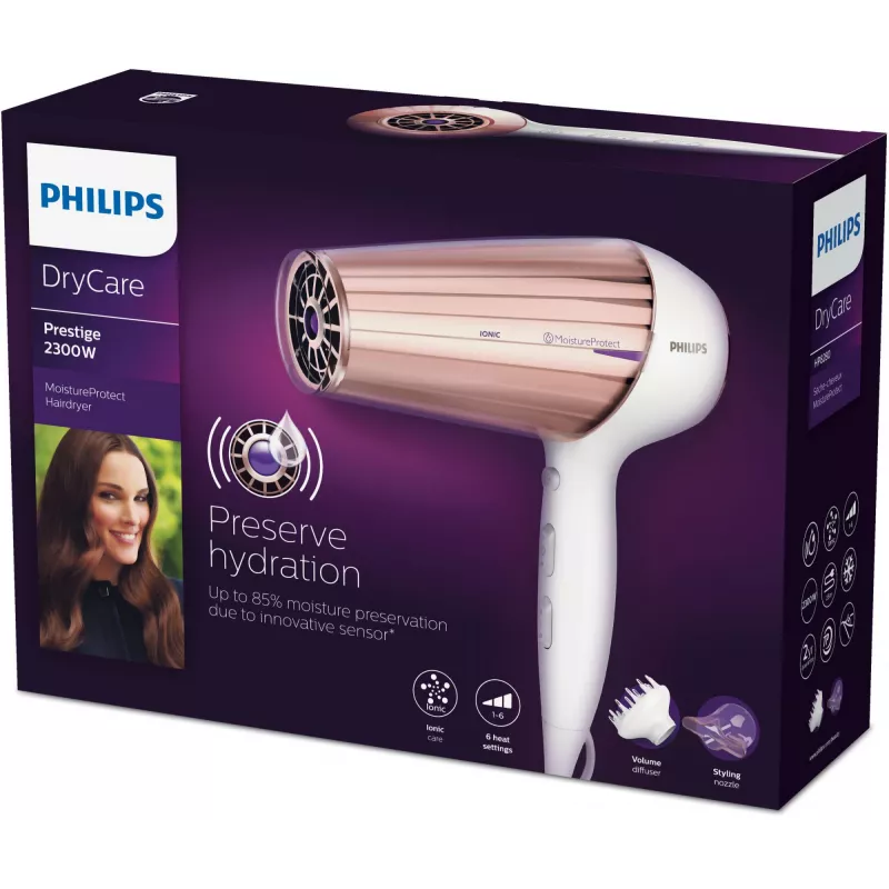 Asciugacapelli Philips MoistureProtect Sensor HP8280/00 — 2300 W, motore DC, 6 velocità, ionico, getto freddo, viola/bianco
