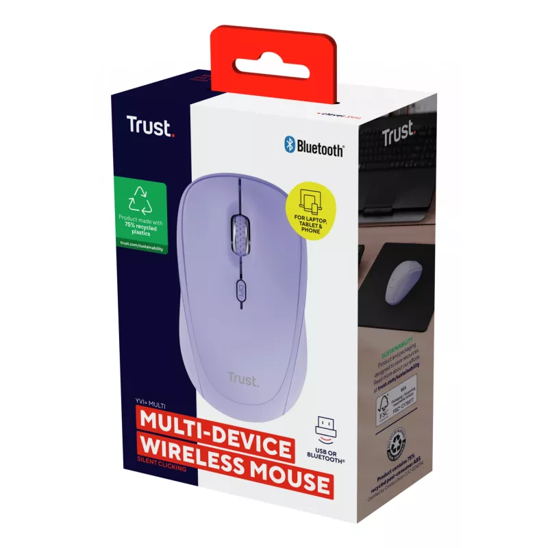 Trust Yvi+ Mouse universale ambidestro RF Wireless + Bluetooth ottico 1600 DPI