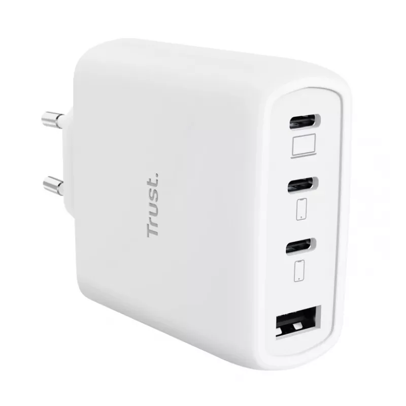 TRUST Maxo 65W caricabatterie rapido AC per interni, 3x USB-C, max 20 V, cavo da 2 m, bianco