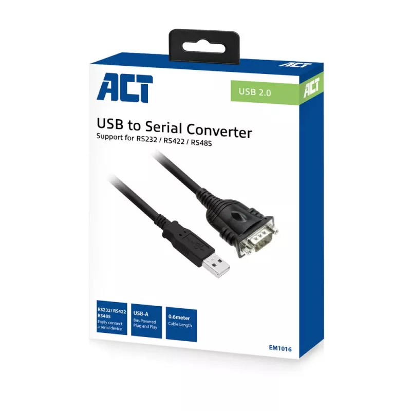 ACT adattatore USB-seriale 0,6 m, nero, 0,6 m, USB Type-A, DB-9, connettore maschio, connettore maschio