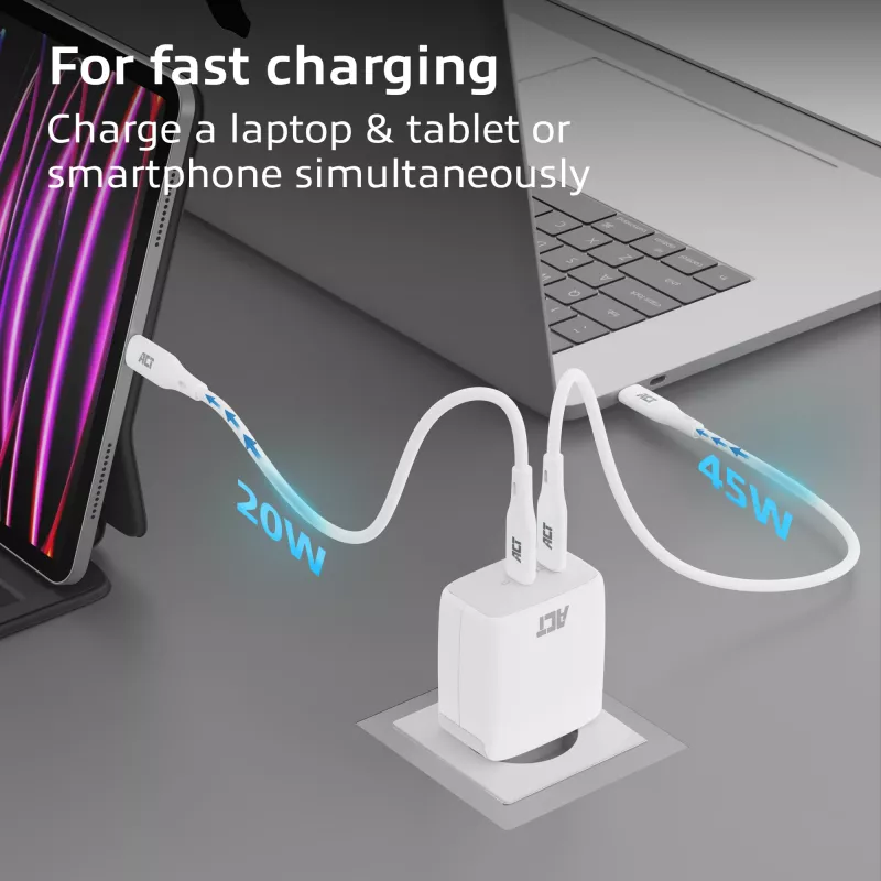 Caricabatterie USB-C ACT 65W 2 porte con Power Delivery PPS e GaNFast