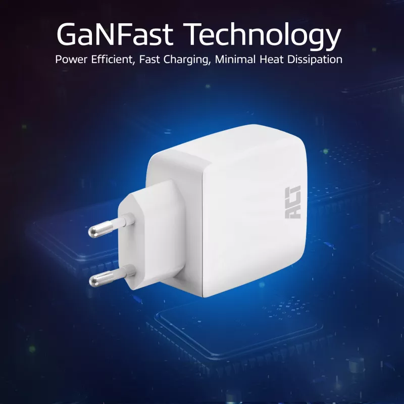 Caricabatterie USB-C ACT 65W 2 porte con Power Delivery PPS e GaNFast