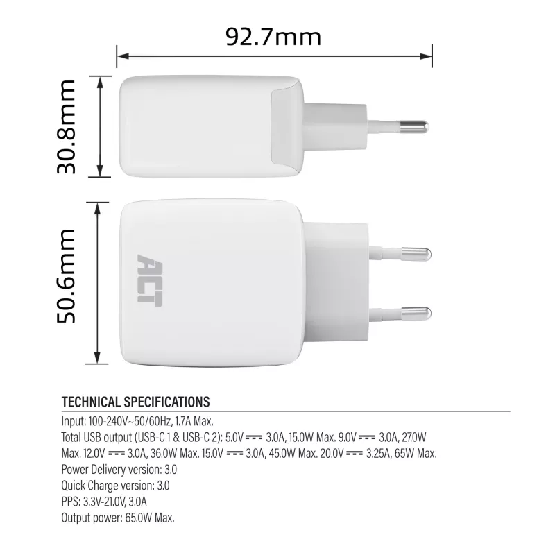 Caricabatterie USB-C ACT 65W 2 porte con Power Delivery PPS e GaNFast