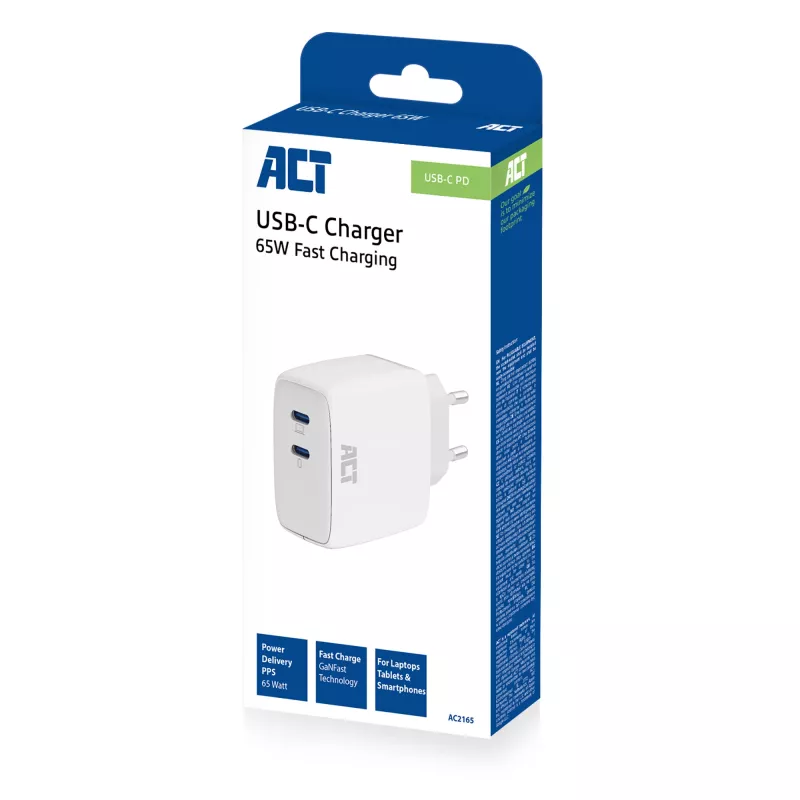 Caricabatterie USB-C ACT 65W 2 porte con Power Delivery PPS e GaNFast