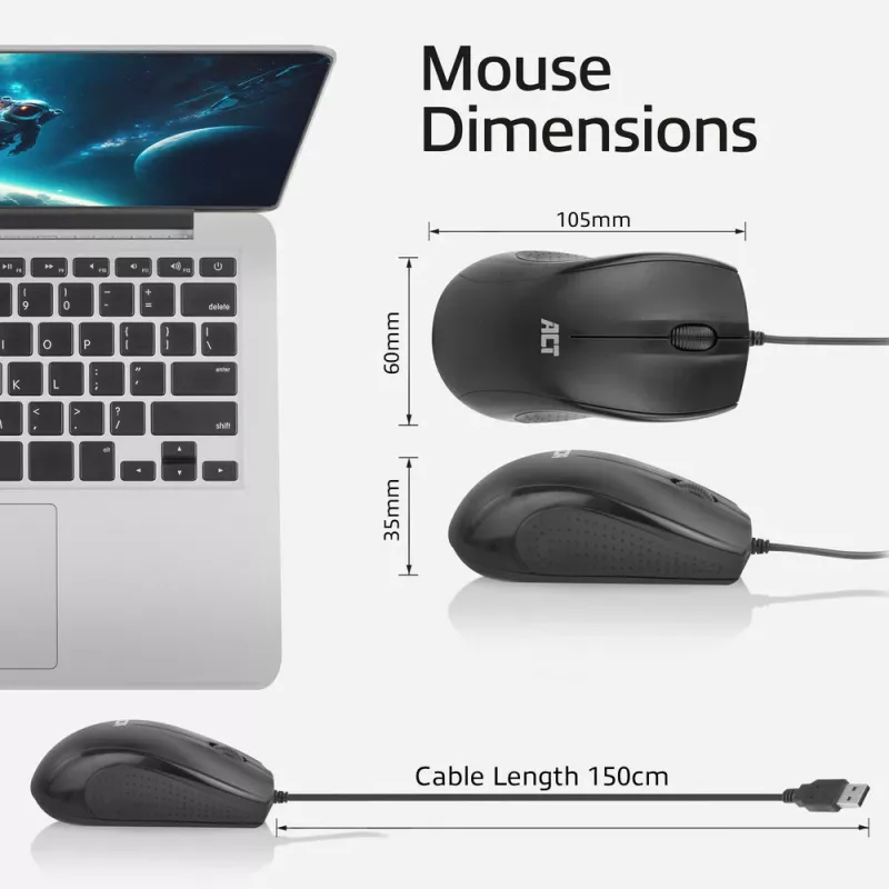 Mouse ottico con cavo ACT a grandezza naturale, 1000 DPI, click silenzioso, ecologico, in materiali riciclati
