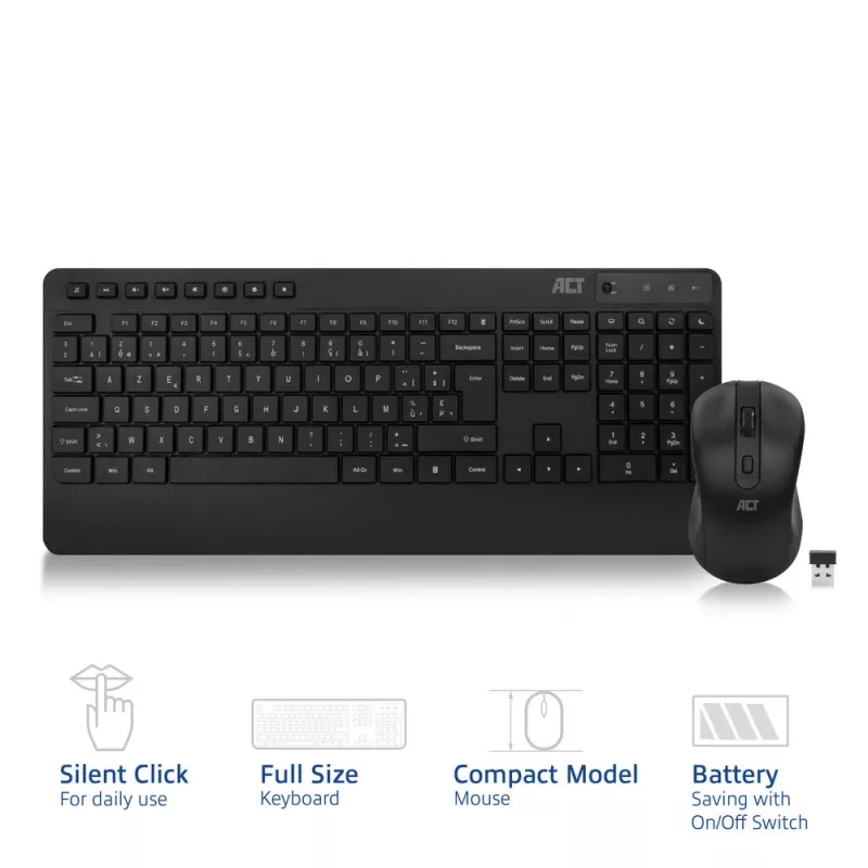 Set tastiera e mouse wireless ACT (Azerty), click silenzioso, ecologico, in materiali riciclati