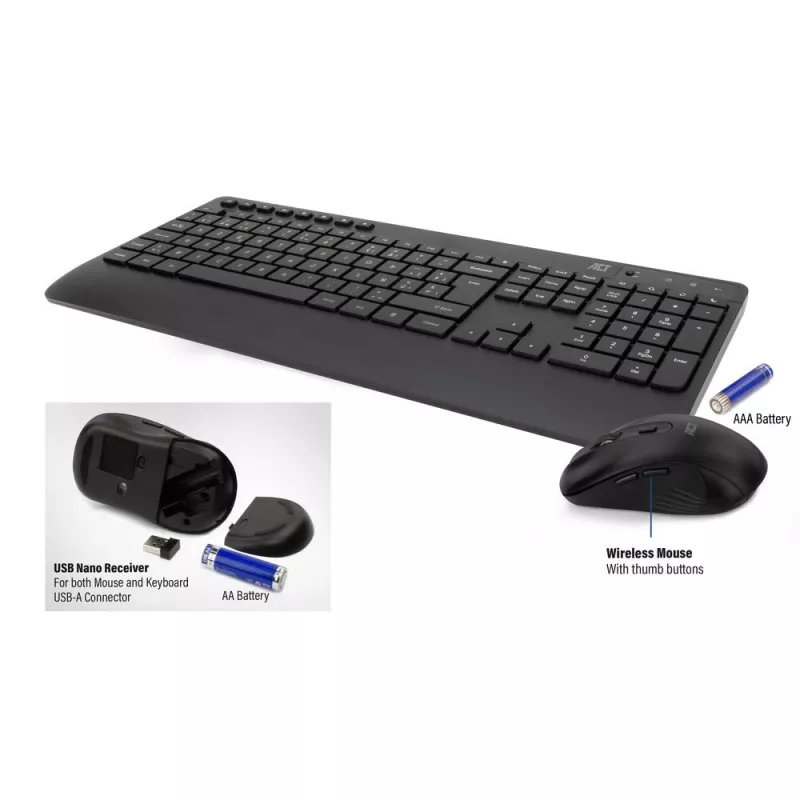 Set tastiera e mouse wireless ACT (Azerty), click silenzioso, ecologico, in materiali riciclati