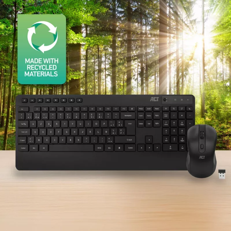 Set tastiera e mouse wireless ACT (Azerty), click silenzioso, ecologico, in materiali riciclati