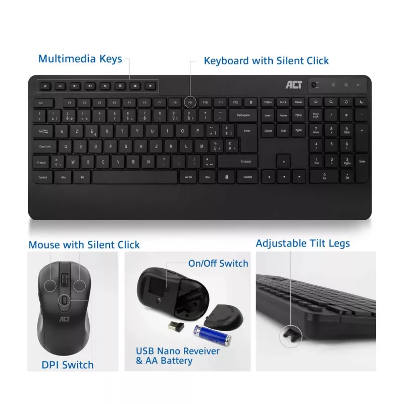 Set tastiera e mouse wireless ACT (Azerty), click silenzioso, ecologico, in materiali riciclati