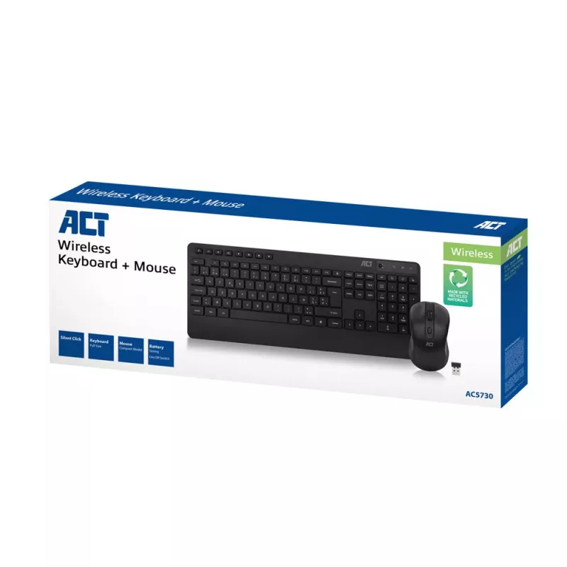 Set tastiera e mouse wireless ACT (Azerty), click silenzioso, ecologico, in materiali riciclati