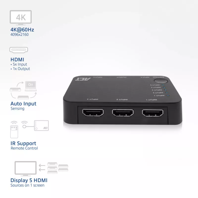 Switch HDMI ACT 4K 5 in, 1 out, HDMI, nero, 2160p, 18 Gbit/s, 4096 x 2160 pixel, 4K Ultra HD