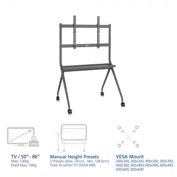 Supporto da terra mobile ACT per TV/monitor, da 50 inch a 86 inch, VESA, 127 cm (50 inch), 2,18 m (86 inch), 200 x 200 mm, 800 x 600 mm, alluminio, plastica, acciaio, grigio