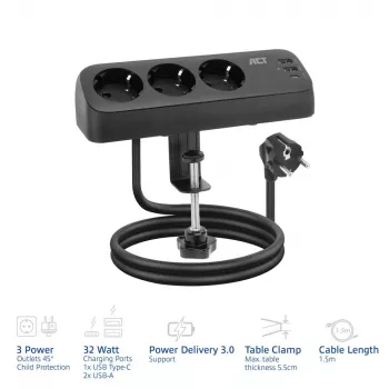 Ciabatta da scrivania ACT con 3 prese Tipo F, 30W Power Delivery, porte USB Type-C/A, lunghezza cavo 1,5 metri