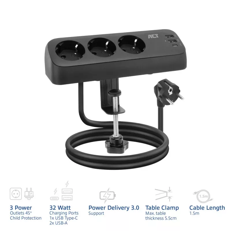 Ciabatta da scrivania ACT con 3 prese Tipo F, 30W Power Delivery, porte USB Type-C/A, lunghezza cavo 1,5 metri