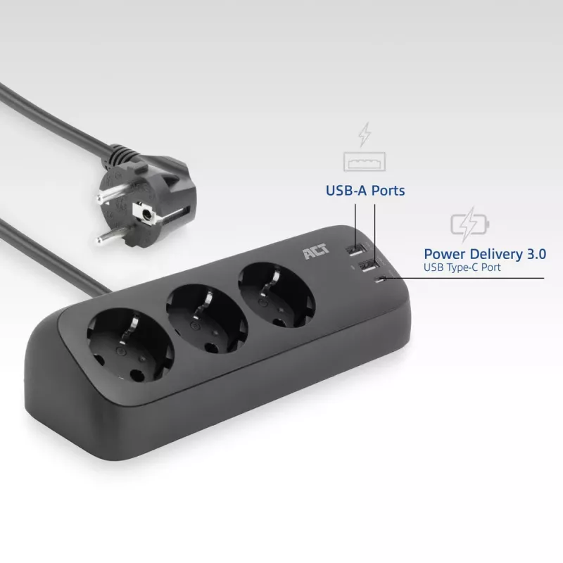 Ciabatta da scrivania ACT con 3 prese Tipo F, 30W Power Delivery, porte USB Type-C/A, lunghezza cavo 1,5 metri