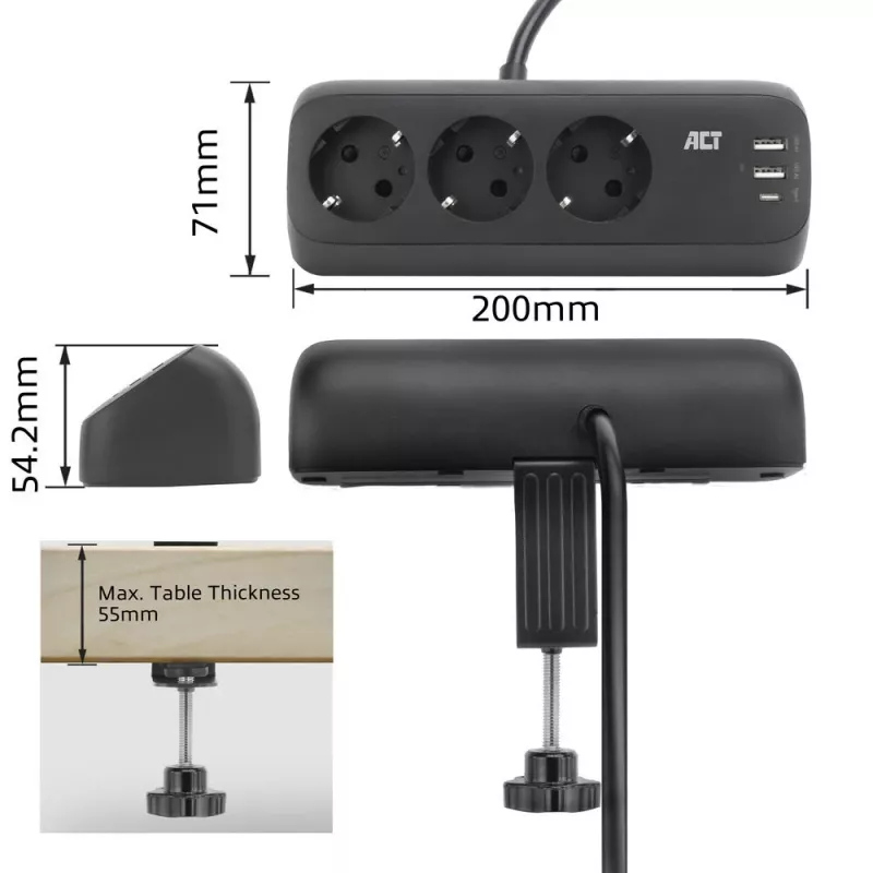 Ciabatta da scrivania ACT con 3 prese Tipo F, 30W Power Delivery, porte USB Type-C/A, lunghezza cavo 1,5 metri
