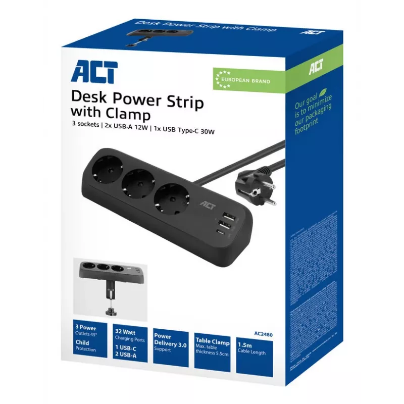 Ciabatta da scrivania ACT con 3 prese Tipo F, 30W Power Delivery, porte USB Type-C/A, lunghezza cavo 1,5 metri