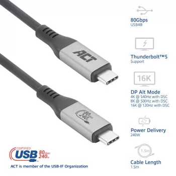 Cavo ACT USB4 80Gbps Thunderbolt 5 240W USB Type-C, certificato USB-IF, 1,5 metri