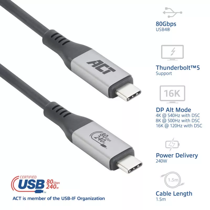 Cavo ACT USB4 80Gbps Thunderbolt 5 240W USB Type-C, certificato USB-IF, 1,5 metri