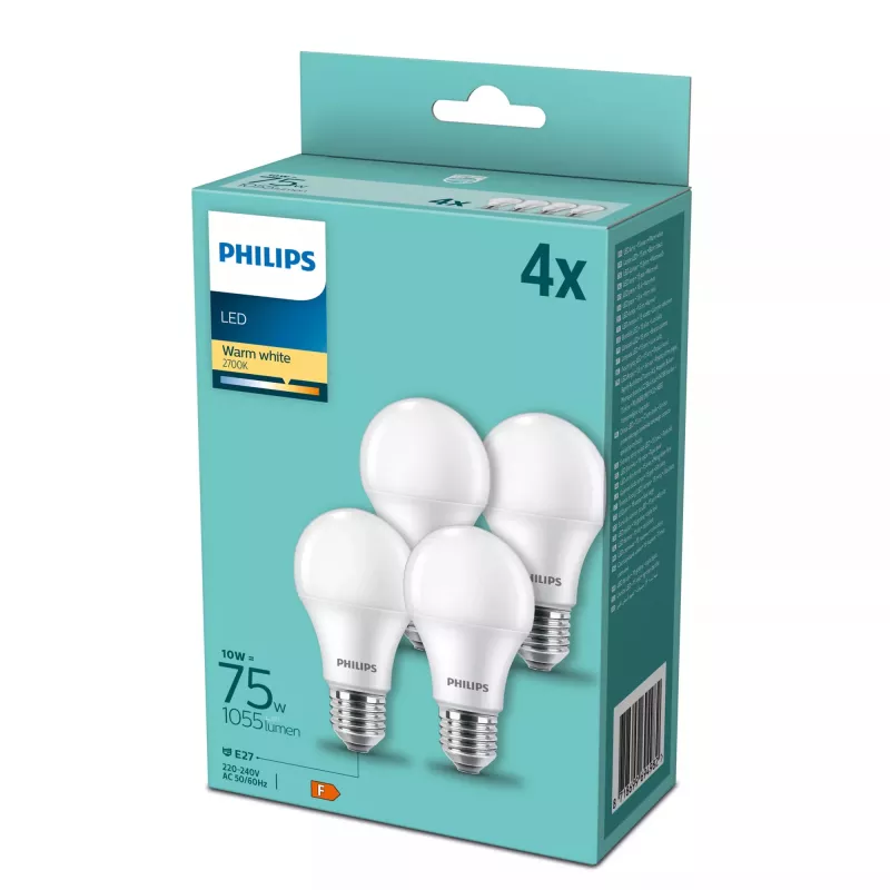 Philips lampada LED E27 confezione da 4, 10 W (equivalente a 75 W), 2700 K