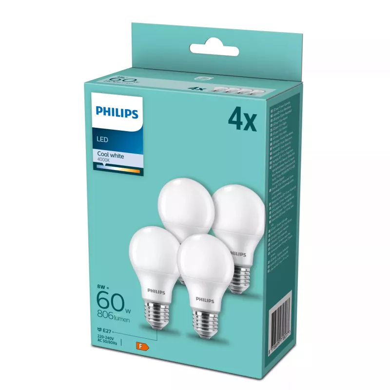 Lampada LED Philips E27 60W 4000K, confezione da 4 — attacco E27, 4000K bianco neutro