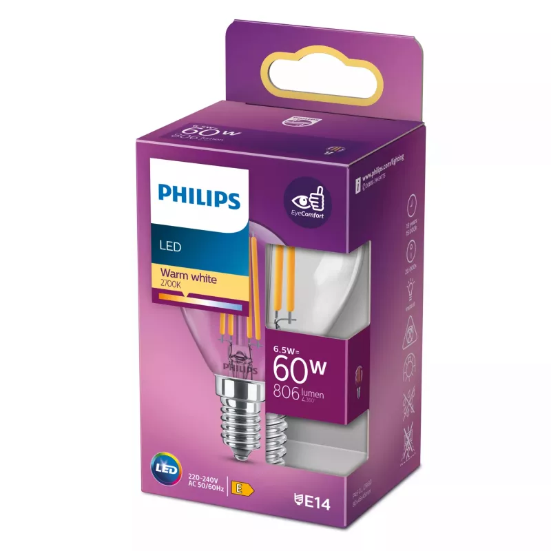 Philips Filament candela trasparente 60W P45 E14 6,5W bianco caldo 806lm