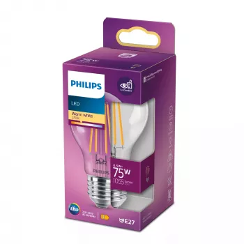 Philips Filament lampada trasparente 75W A60 E27 8,5W bianco caldo 1055lm