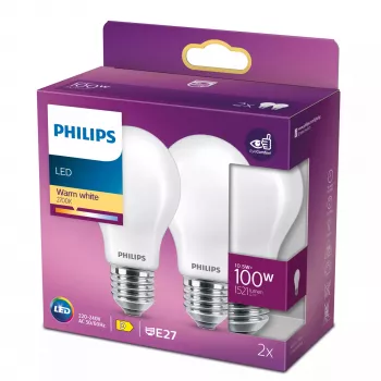 Philips Filament lampadina opaca 100W A60 E27 x2, 10,5 W, 100 W, E27, 1521 lm, 15000 h, bianco caldo