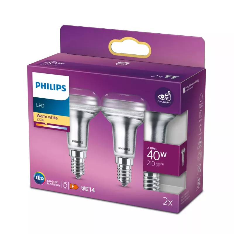 Philips Reflector 40W R50 E14 x2, 2,8 W, 40 W, E14, 210 lm, 15000 h, bianco caldo