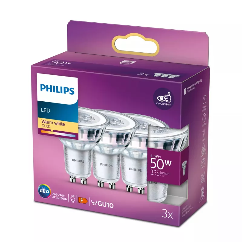 Philips LED Spot PAR16 GU10 4,6 W 355 lm 2700 K bianco caldo confezione da 3