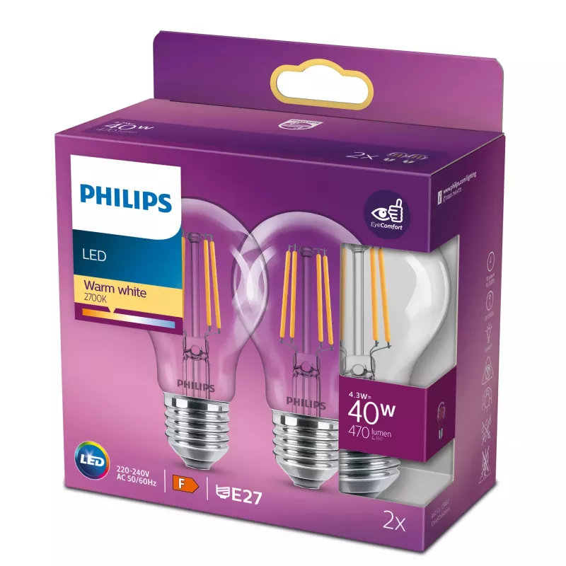 Philips Filament Bulb Clear 40W A60 E27 set da 2, 4,3 W, 40 W, E27, 470 lm, 15000 h, bianco caldo