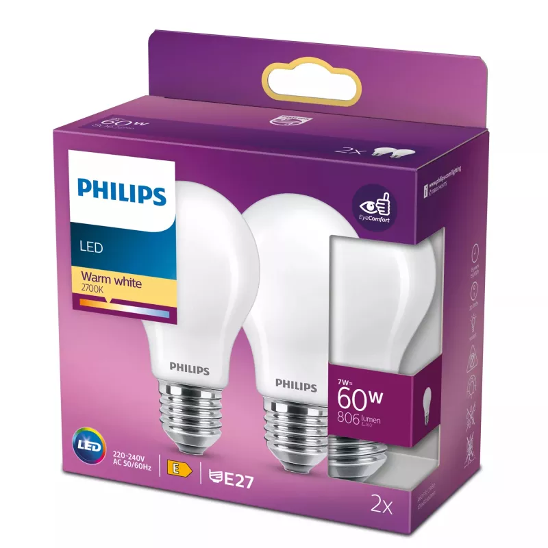 Lampadina LED filamento Philips A60 E27 7W (equiv. 60W), 2700K, 806 lm, opaca – confezione da 2