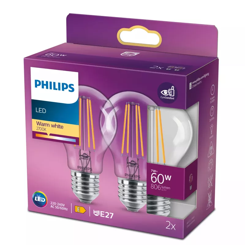 Lampadina LED filamento Philips A60 7W (equiv. 60W) E27 trasparente 2700K confezione da 2