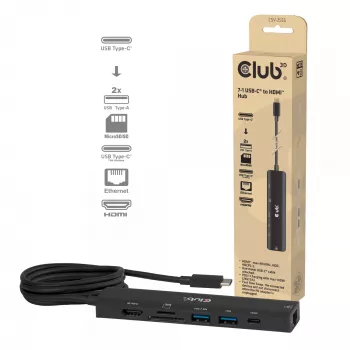 Hub USB-C a HDMI CLUB3D 7-1 — con cavo, Gigabit Ethernet, nero, 136×34×94,5 mm