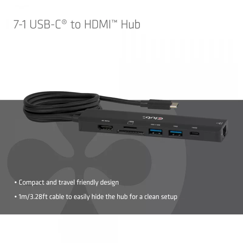 Hub USB-C a HDMI CLUB3D 7-1 — con cavo, Gigabit Ethernet, nero, 136×34×94,5 mm