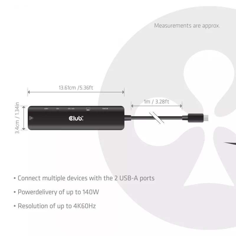 Hub USB-C a HDMI CLUB3D 7-1 — con cavo, Gigabit Ethernet, nero, 136×34×94,5 mm