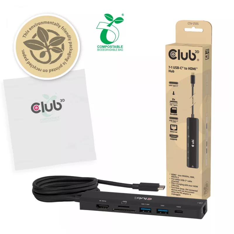 Hub USB-C a HDMI CLUB3D 7-1 — con cavo, Gigabit Ethernet, nero, 136×34×94,5 mm