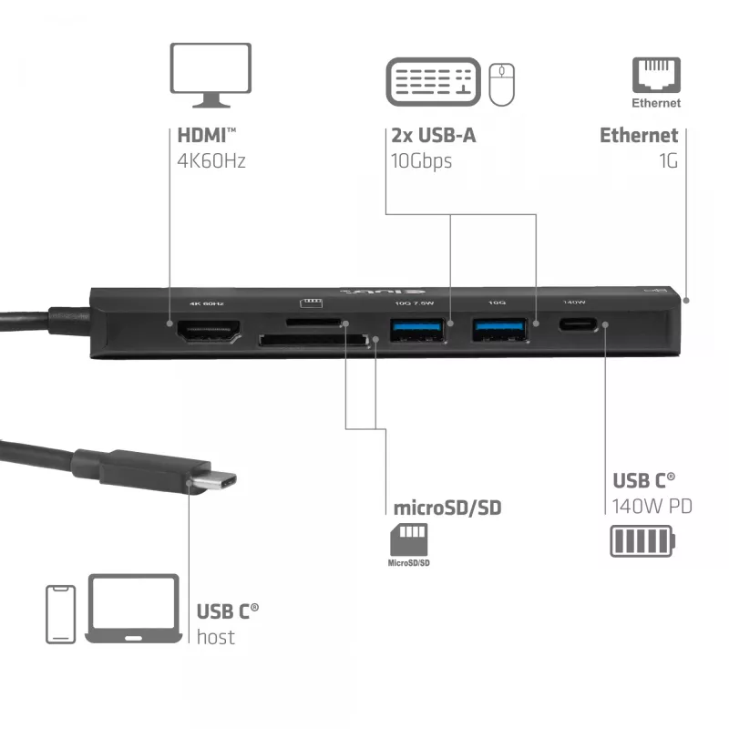 Hub USB-C a HDMI CLUB3D 7-1 — con cavo, Gigabit Ethernet, nero, 136×34×94,5 mm