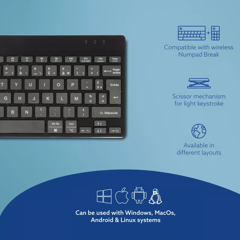 Tastiera ergonomica R-Go Tools R-Go Compact Break, tastiera compatta con software per pause, AZERTY (FR), Bluetooth, nero
